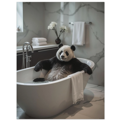 Avslappnad panda i badmiljö med vita blommor och grå marmor, väggkonst