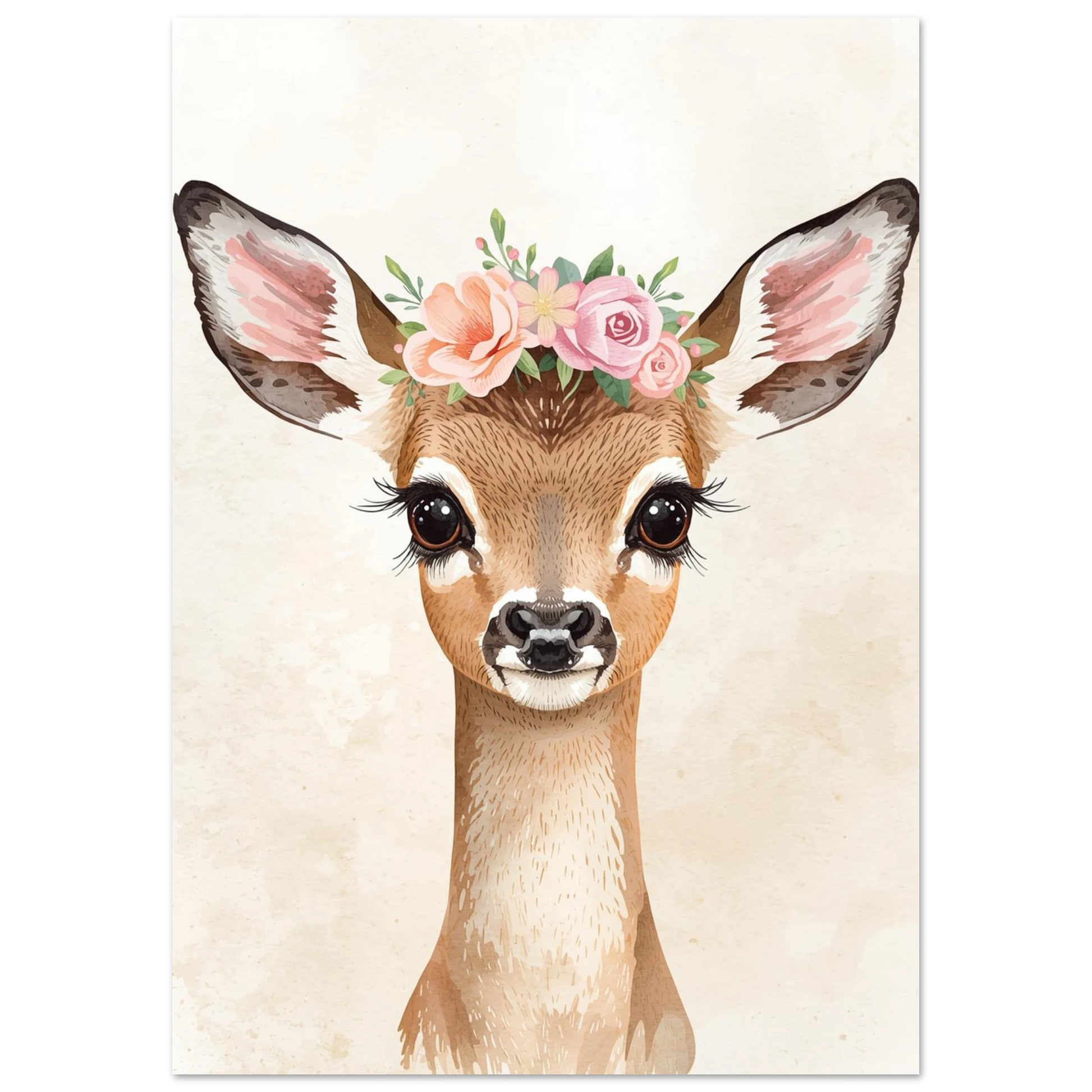 Illustration av ett ungt rådjur bärandes en blomkrans, mjuk väggkonst