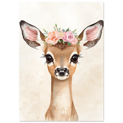 Illustration av ett ungt rådjur bärandes en blomkrans, mjuk väggkonst