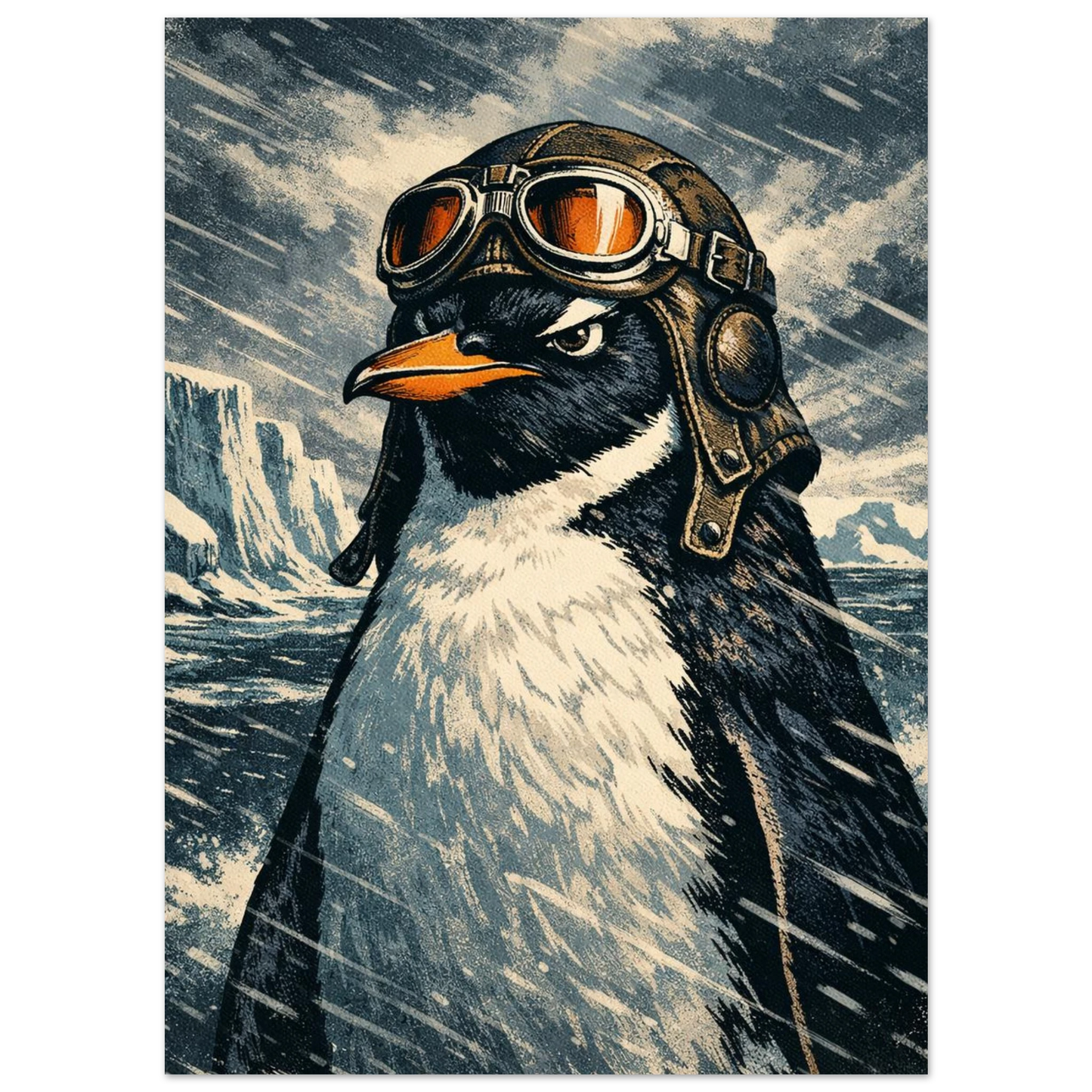 Närbild på pingvin med flygglasögon och läderhuva – retro illustration poster