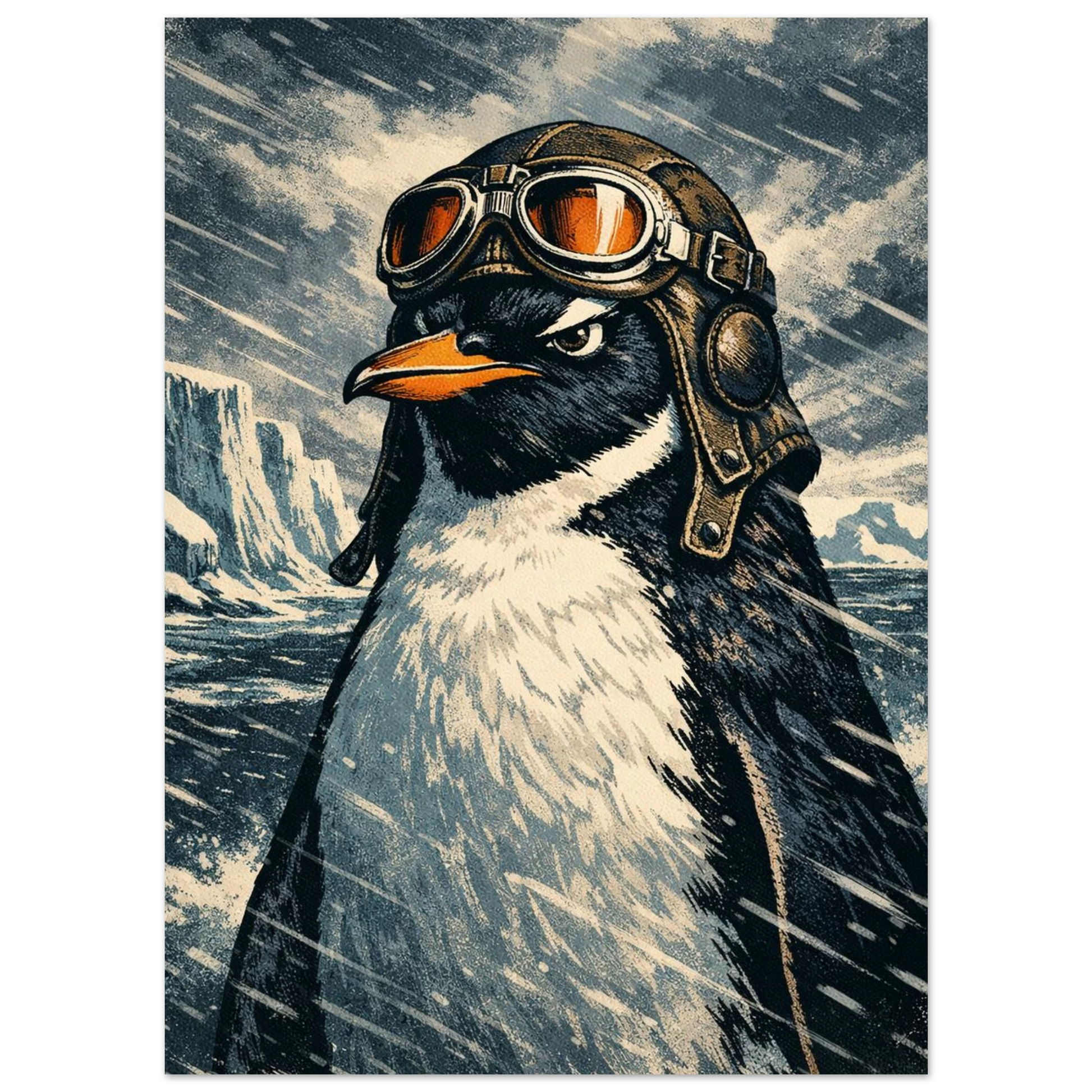 Närbild på pingvin med flygglasögon och läderhuva – retro illustration poster