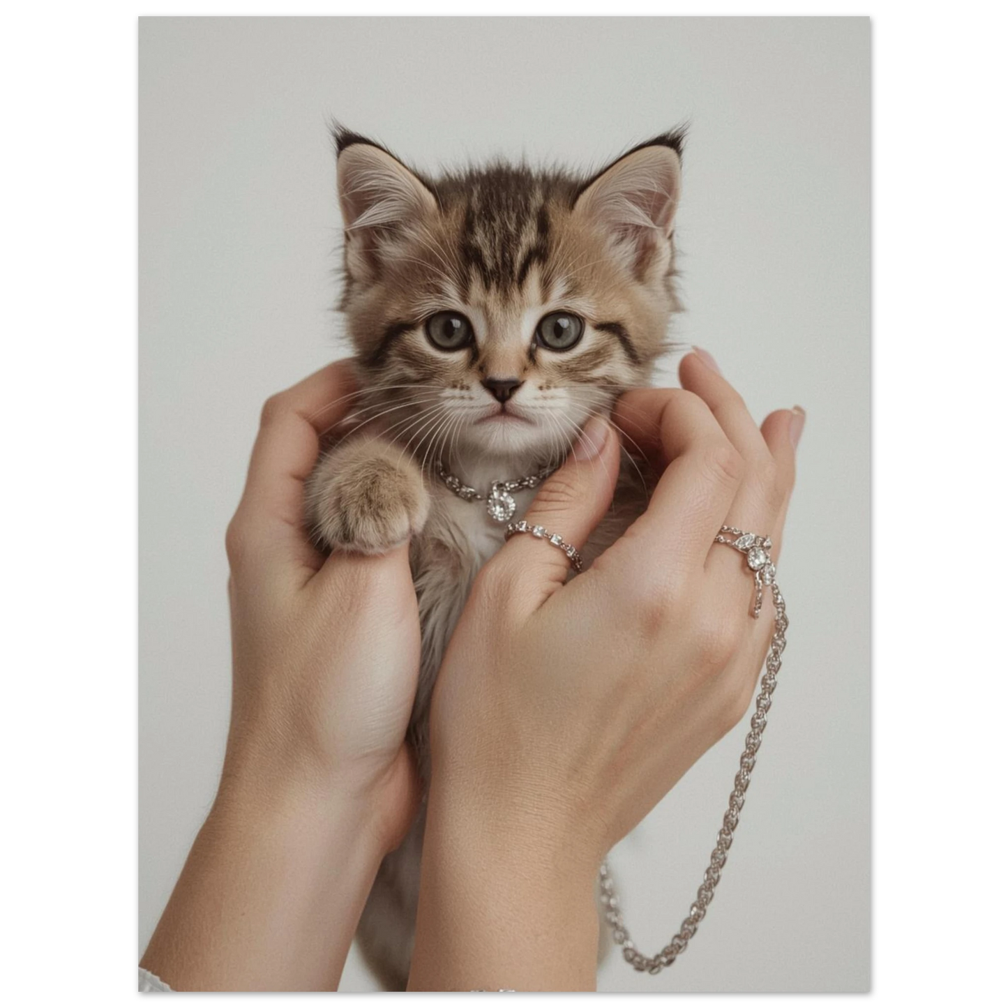 Brunrandig kattunge i trygg famn med smycken på mörk bakgrund