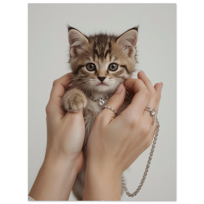 Brunrandig kattunge i trygg famn med smycken på mörk bakgrund