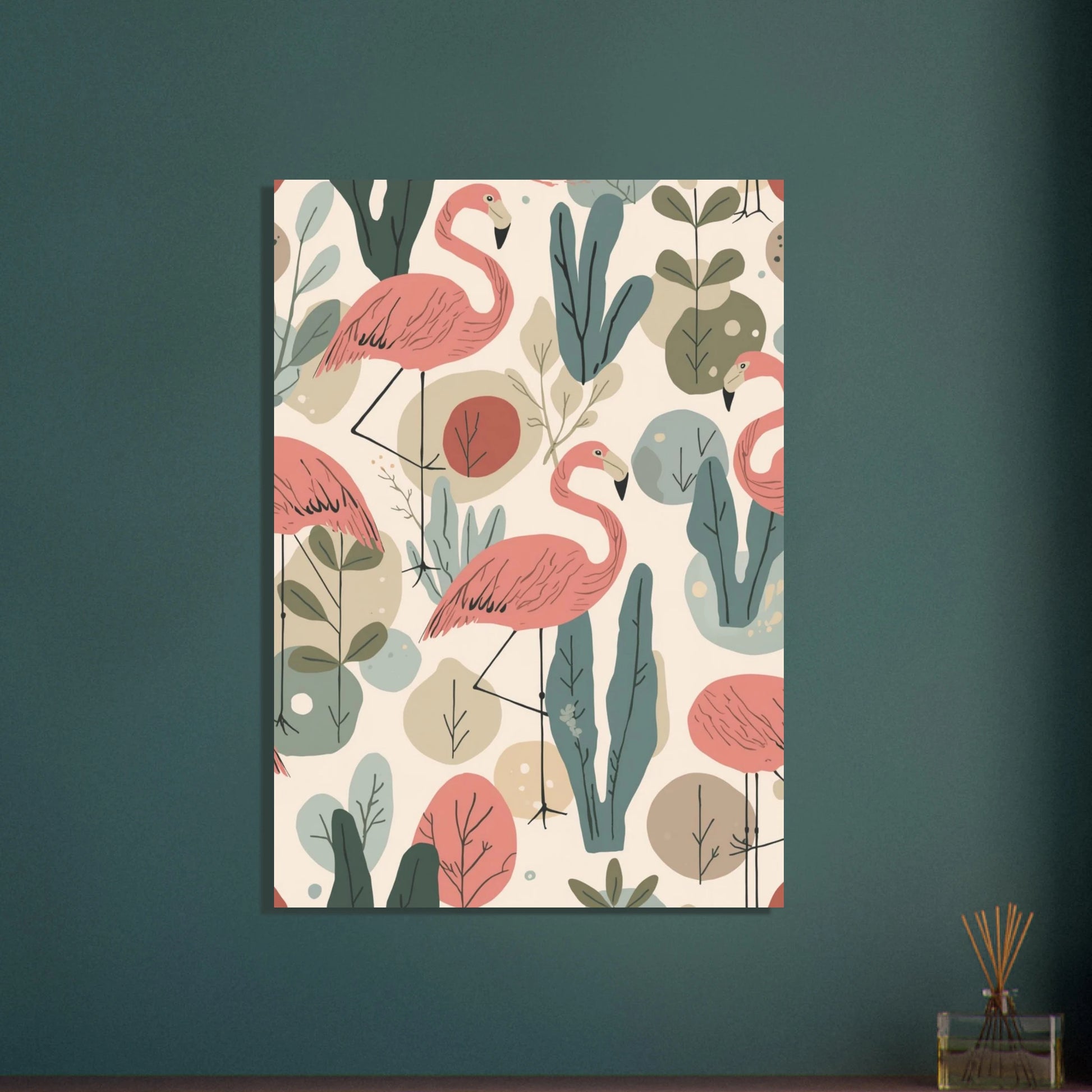 Flamingo i tropiskt mönster, skandinavisk design med abstrakta växter