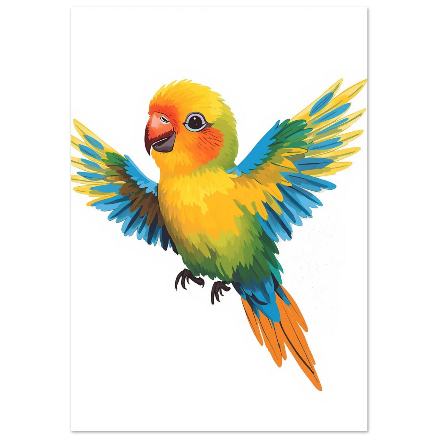 Flygande papegoja i gouache-stil med klargula och himmelsblå fjädrar