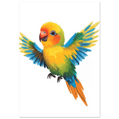 Flygande papegoja i gouache-stil med klargula och himmelsblå fjädrar