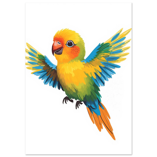 Flygande papegoja i gouache-stil med klargula och himmelsblå fjädrar