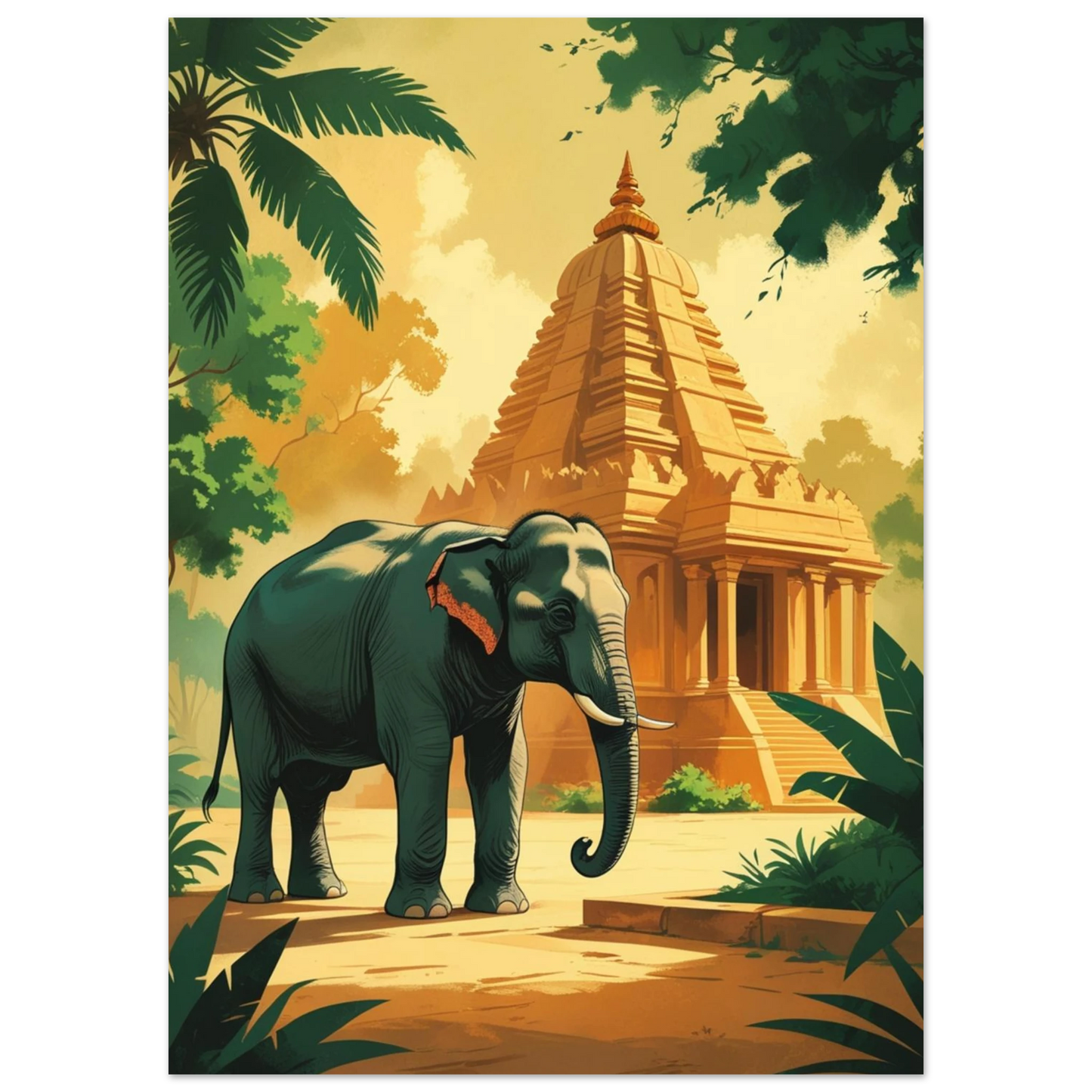 Ståtlig elefant vaktar ett asiatiskt tempel, illustration i varma toner