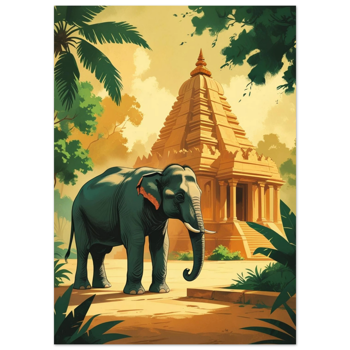 Ståtlig elefant vaktar ett asiatiskt tempel, illustration i varma toner