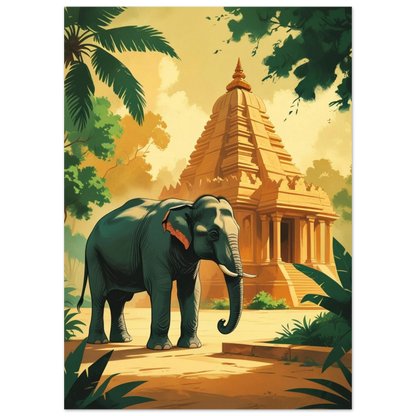 Ståtlig elefant vaktar ett asiatiskt tempel, illustration i varma toner