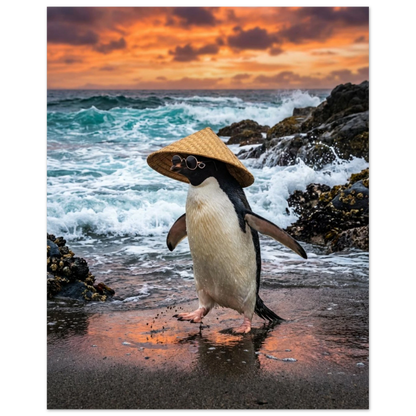 Pingvin på strand sett från sidan med hatt och solglasögon vid havet vid solnedgång – Fotorealistisk poster