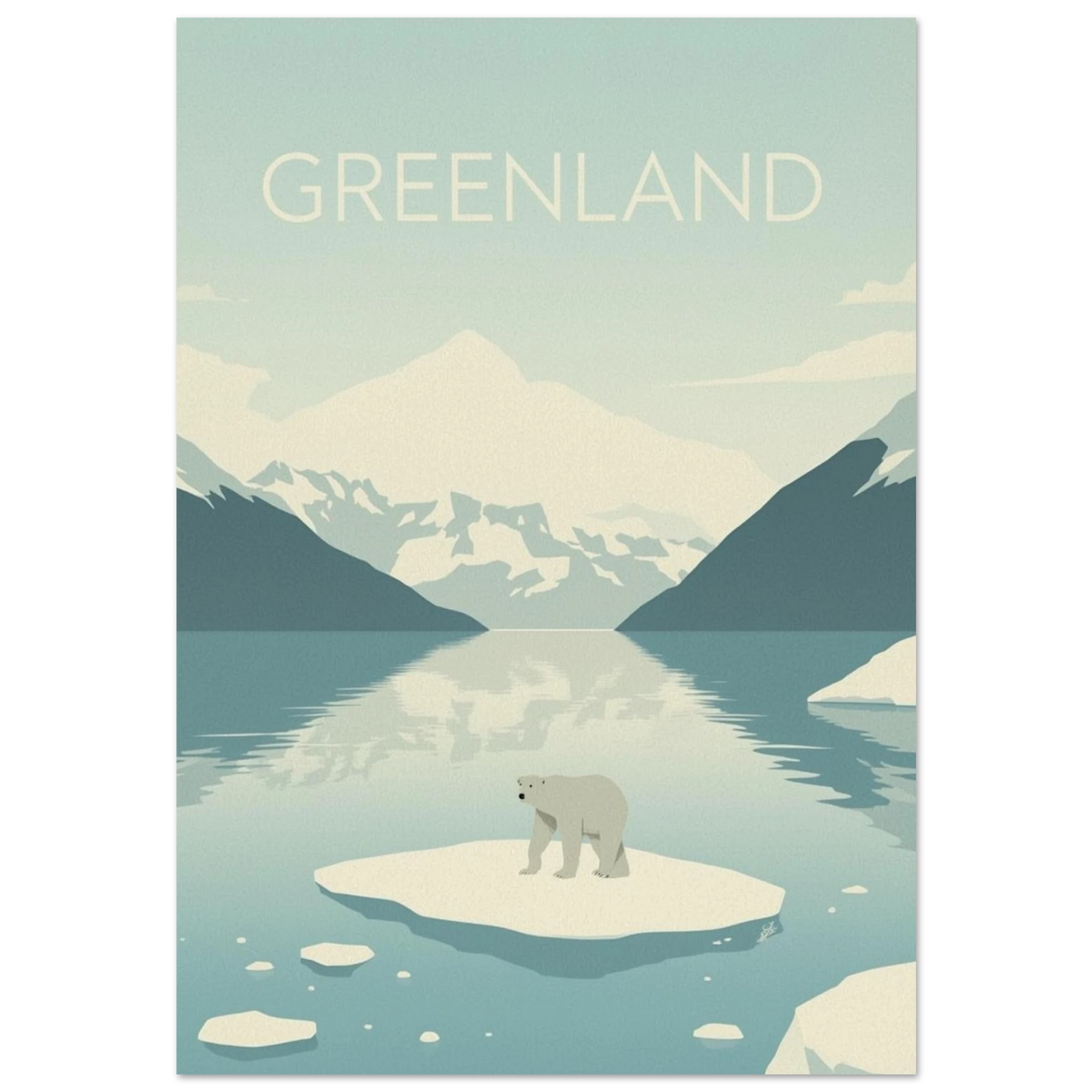 Grafisk reseposter med isbjörn på isflak i Grönland, blått fjordlandskap