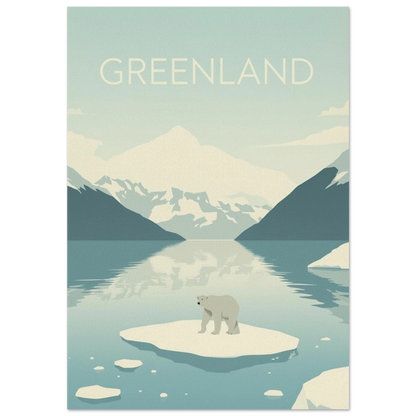 Grafisk reseposter med isbjörn på isflak i Grönland, blått fjordlandskap
