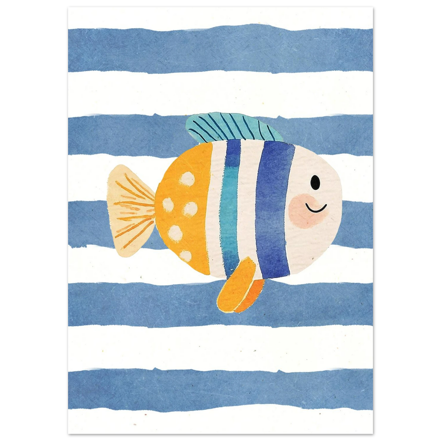 Närbild på en illustrerad fisk med prickar och ett vänligt leende