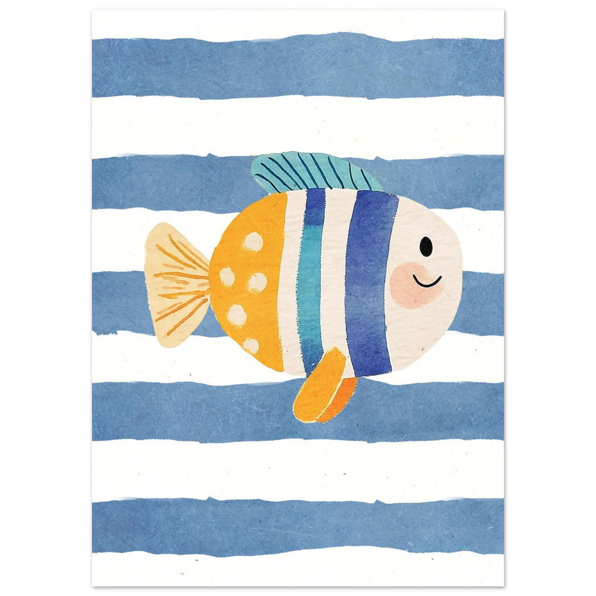 Närbild på en illustrerad fisk med prickar och ett vänligt leende