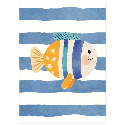 Närbild på en illustrerad fisk med prickar och ett vänligt leende