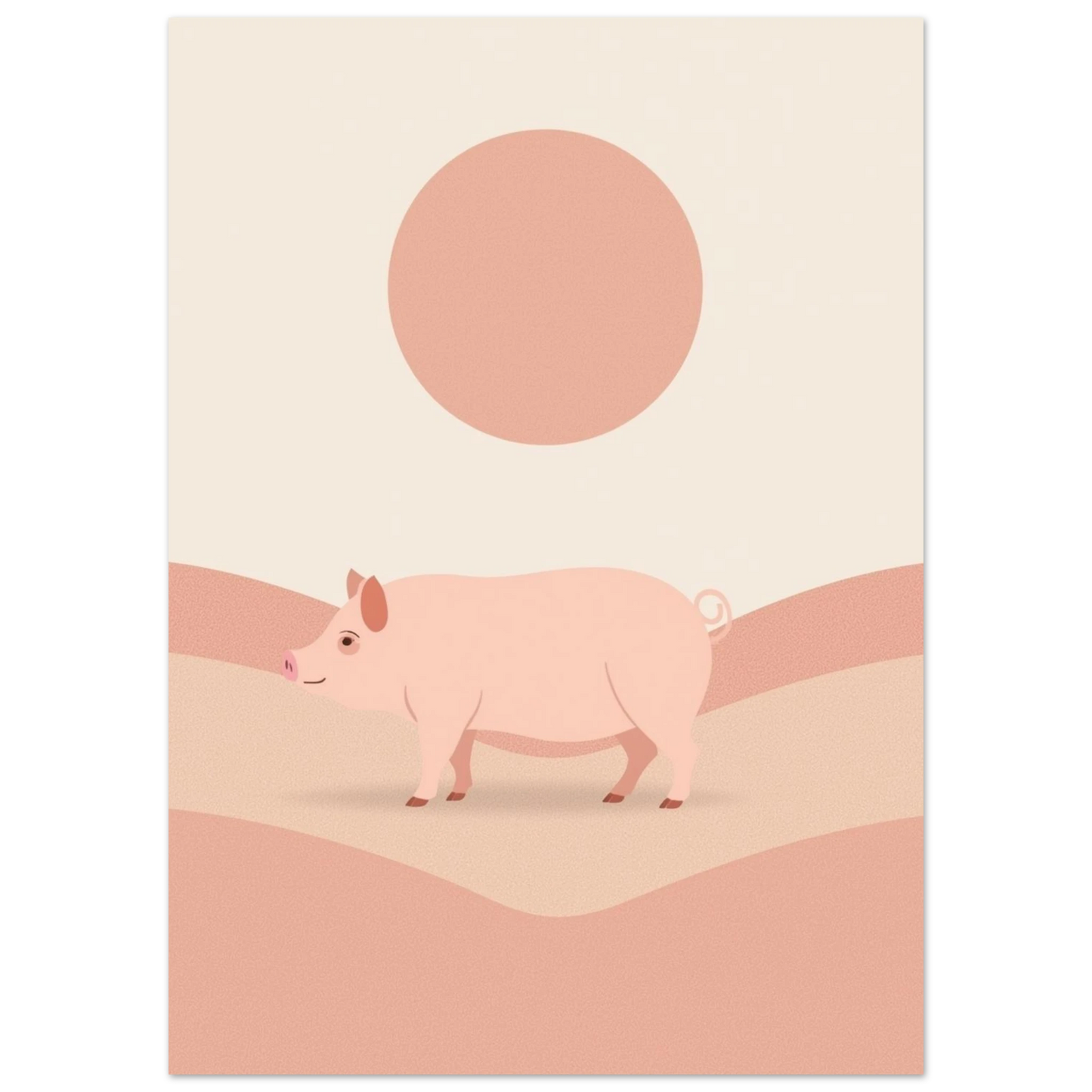 Grafisk djurposter med en gris under en stor rosa sol