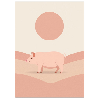 Grafisk djurposter med en gris under en stor rosa sol
