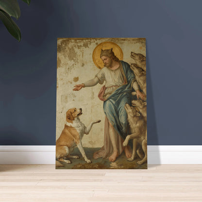 Hund och vargar möter en figur med djuröron i en klassisk målning.
