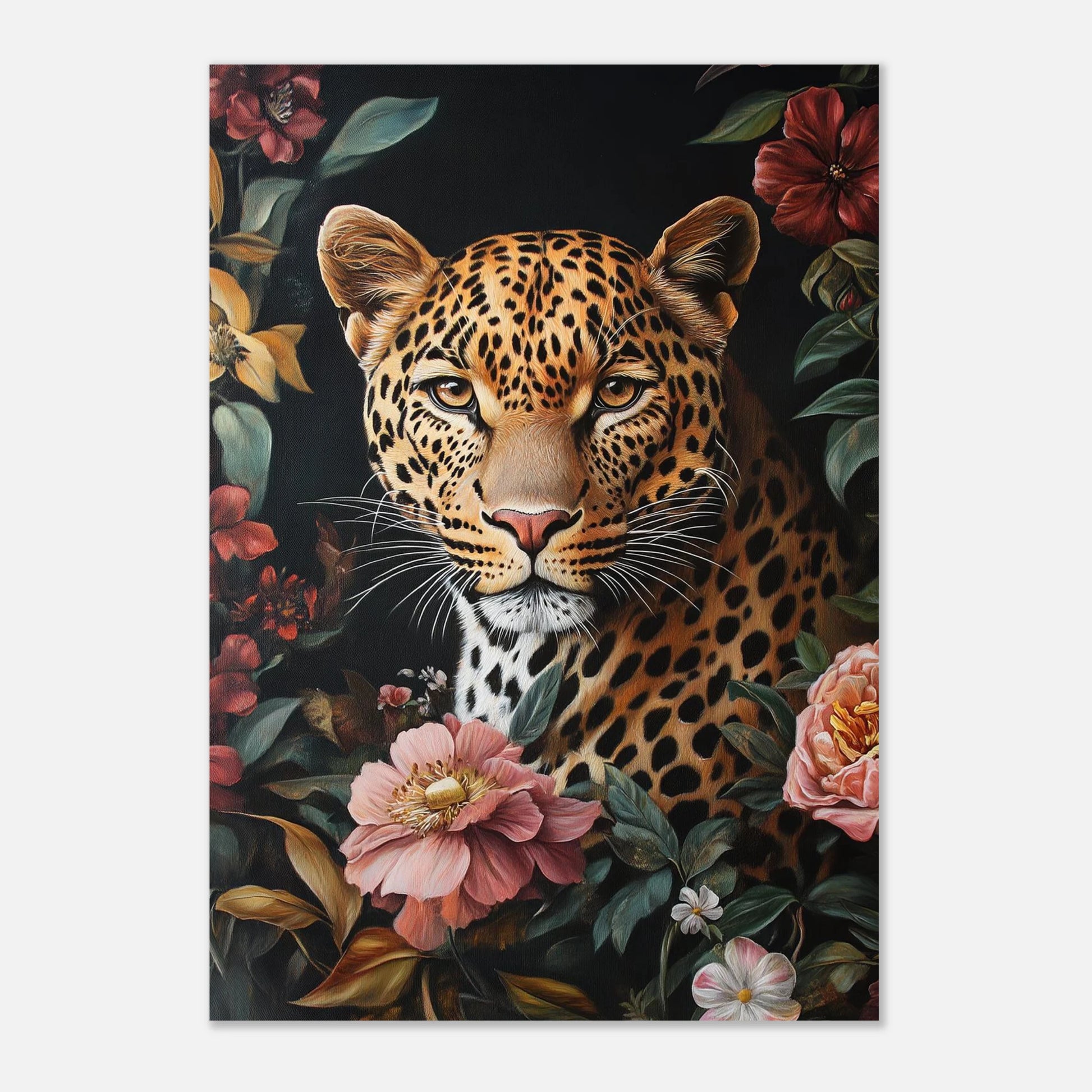 Leopardmotiv med mjuka blommor mot svart bakgrund, elegant väggkonst