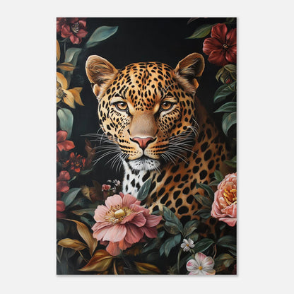 Leopardmotiv med mjuka blommor mot svart bakgrund, elegant väggkonst