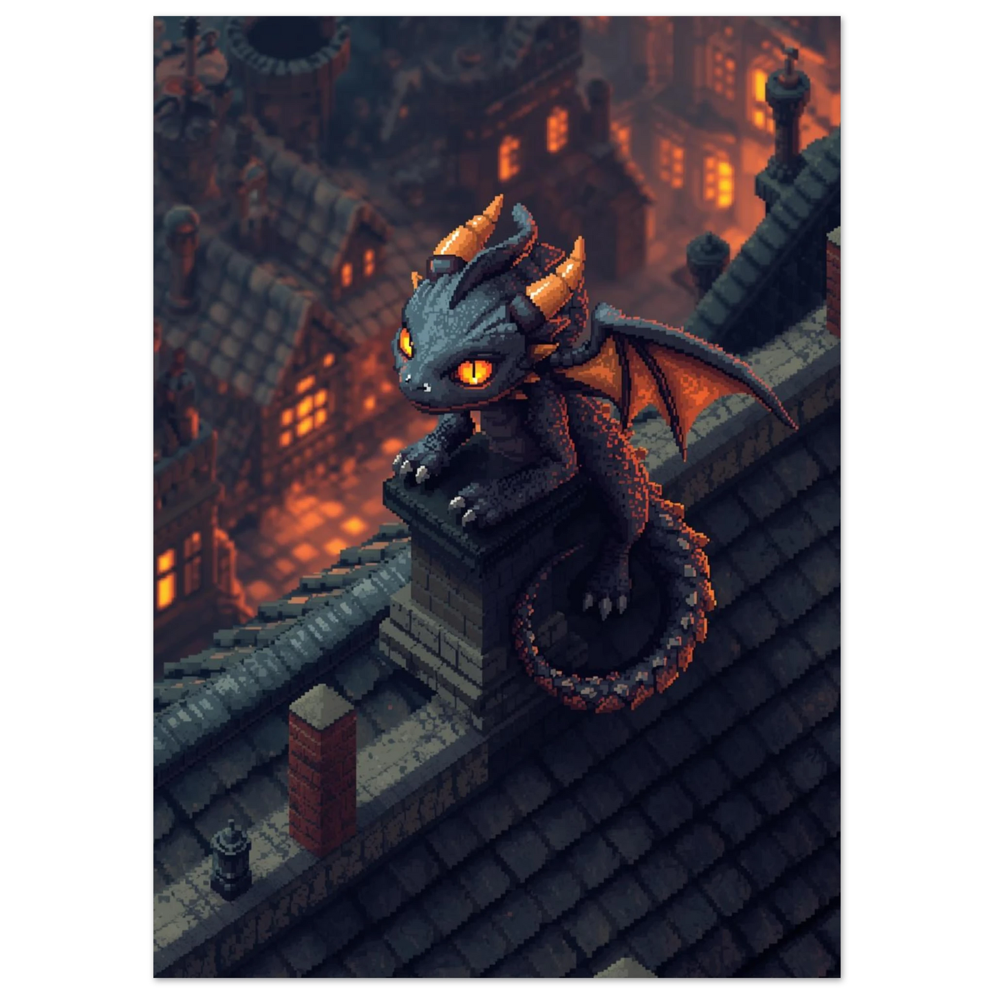 Drakmotiv i pixelstil med glödande orange ögon på en skorsten