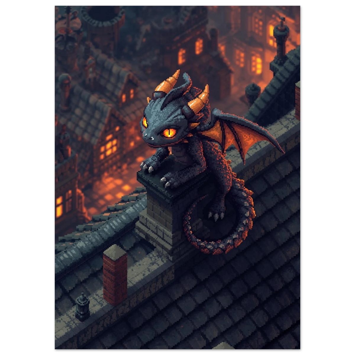Drakmotiv i pixelstil med glödande orange ögon på en skorsten
