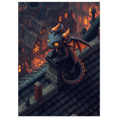 Drakmotiv i pixelstil med glödande orange ögon på en skorsten