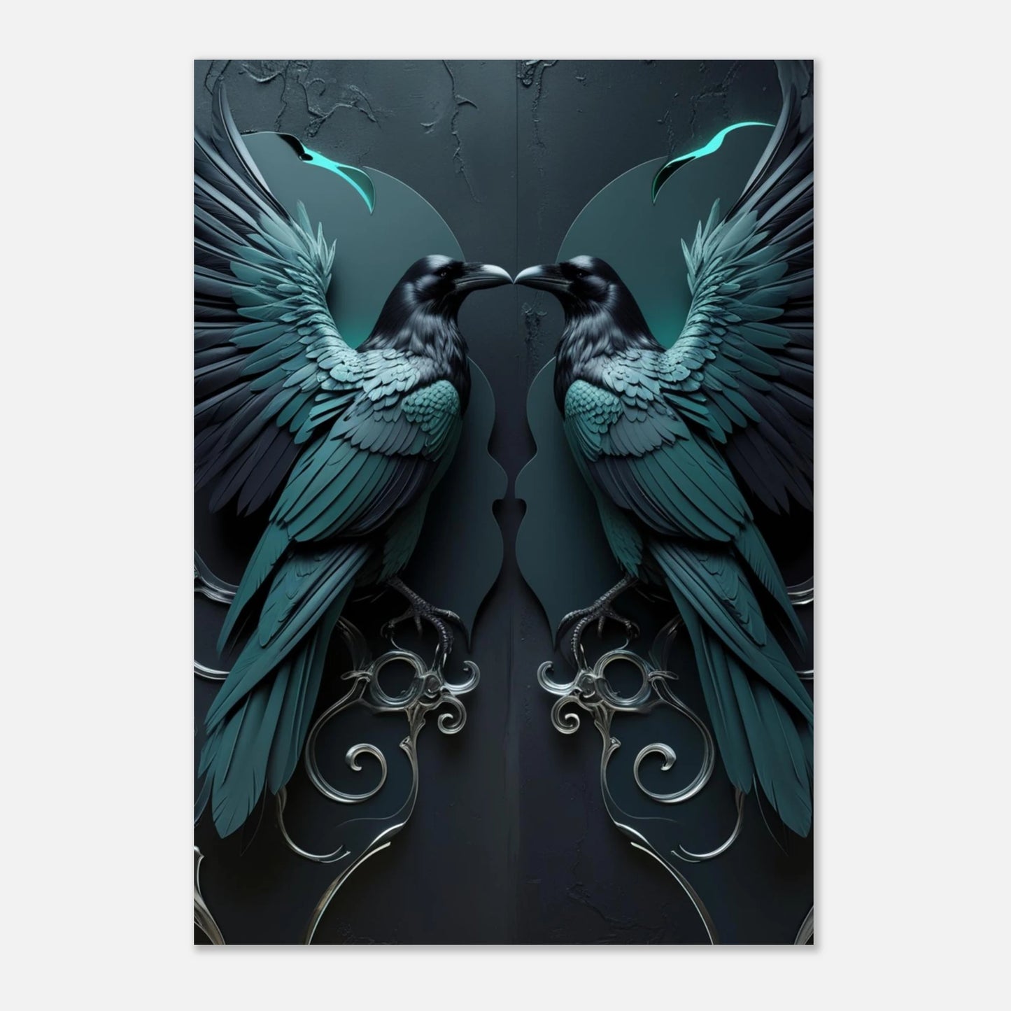 Stilren väggkonst med korpar i en mörk, estetisk och symmetrisk digital illustration