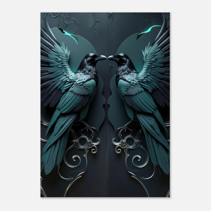 Stilren väggkonst med korpar i en mörk, estetisk och symmetrisk digital illustration
