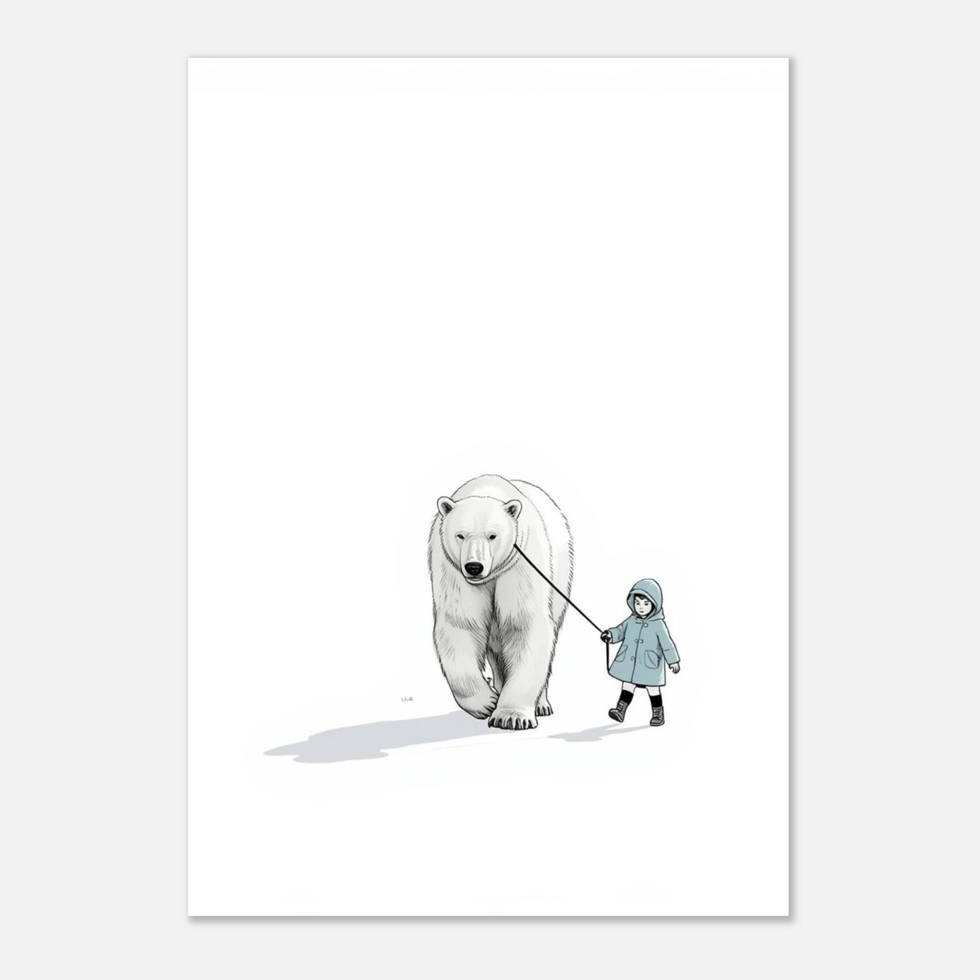 Trygg isbjörn som vandrar med ett barn, stilren illustration för barnrum