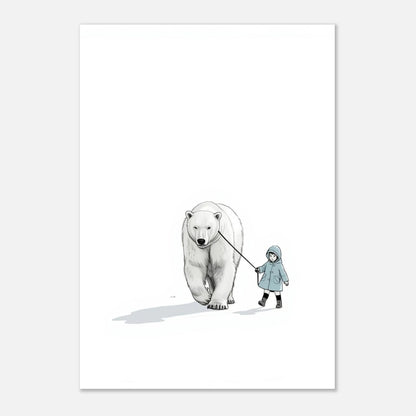 Trygg isbjörn som vandrar med ett barn, stilren illustration för barnrum