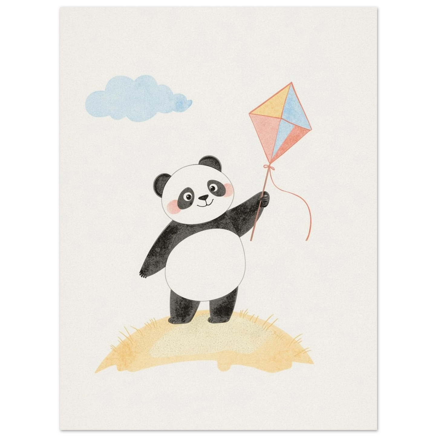 Charmig barnrumskonst med en panda, drake och mjukt akvarellmoln