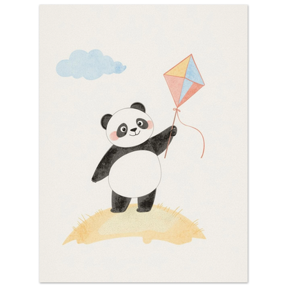 Charmig barnrumskonst med en panda, drake och mjukt akvarellmoln