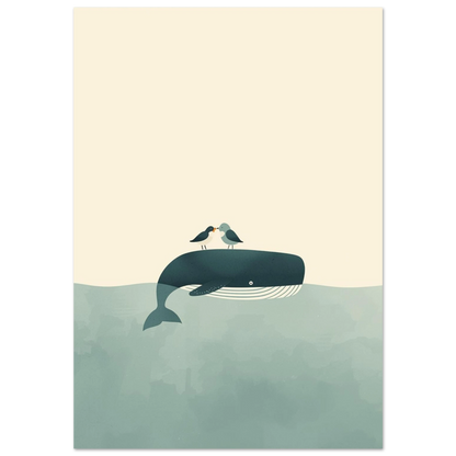Blåval med två fåglar på ryggen – minimalistisk illustration i akvablått