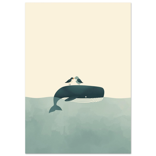 Blåval med två fåglar på ryggen – minimalistisk illustration i akvablått