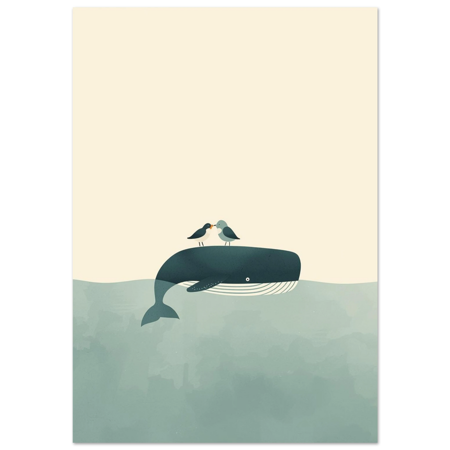 Blåval med två fåglar på ryggen – minimalistisk illustration i akvablått