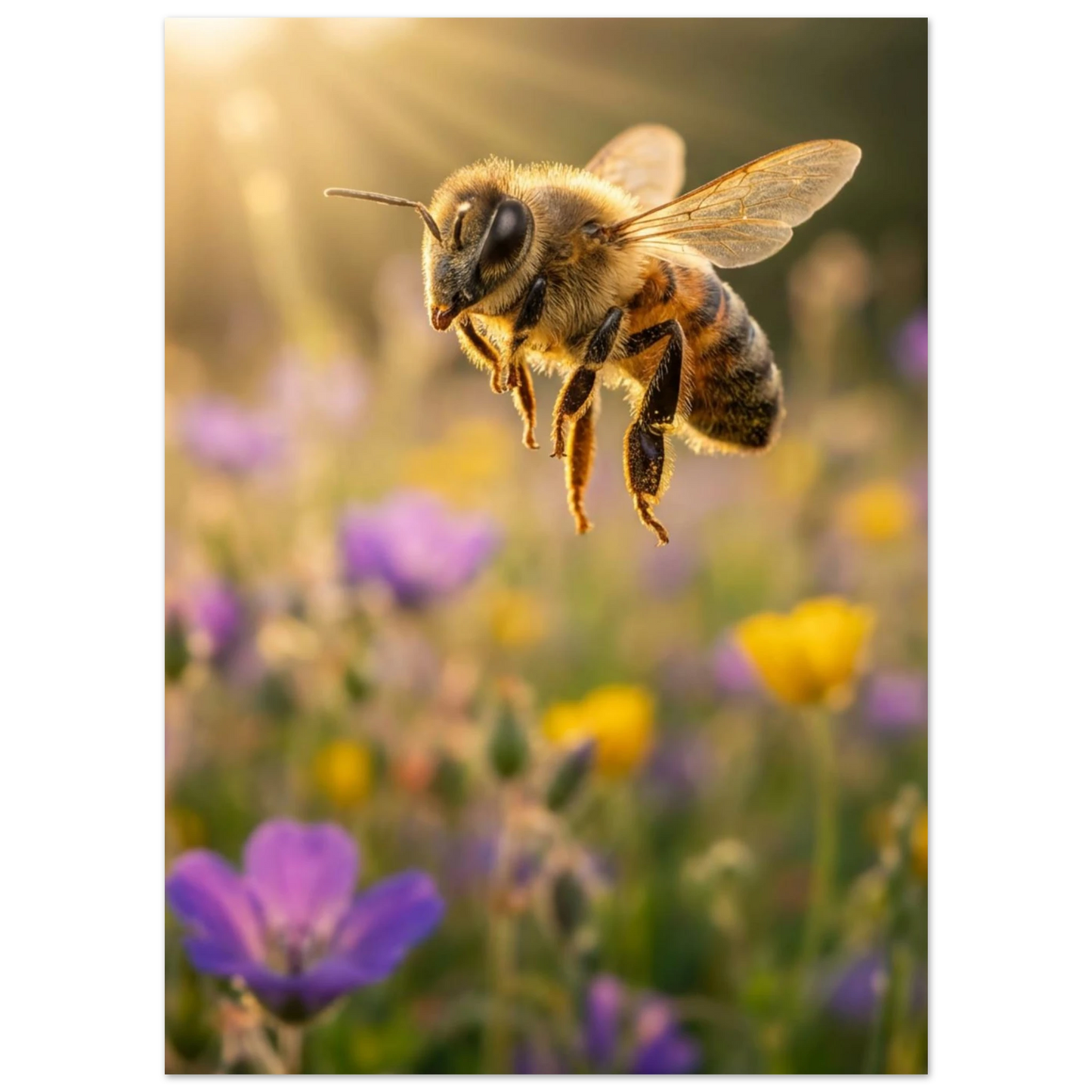 Bi svävande över lila och gula blommor, solstrålar i bakgrunden – Fotorealistisk poster