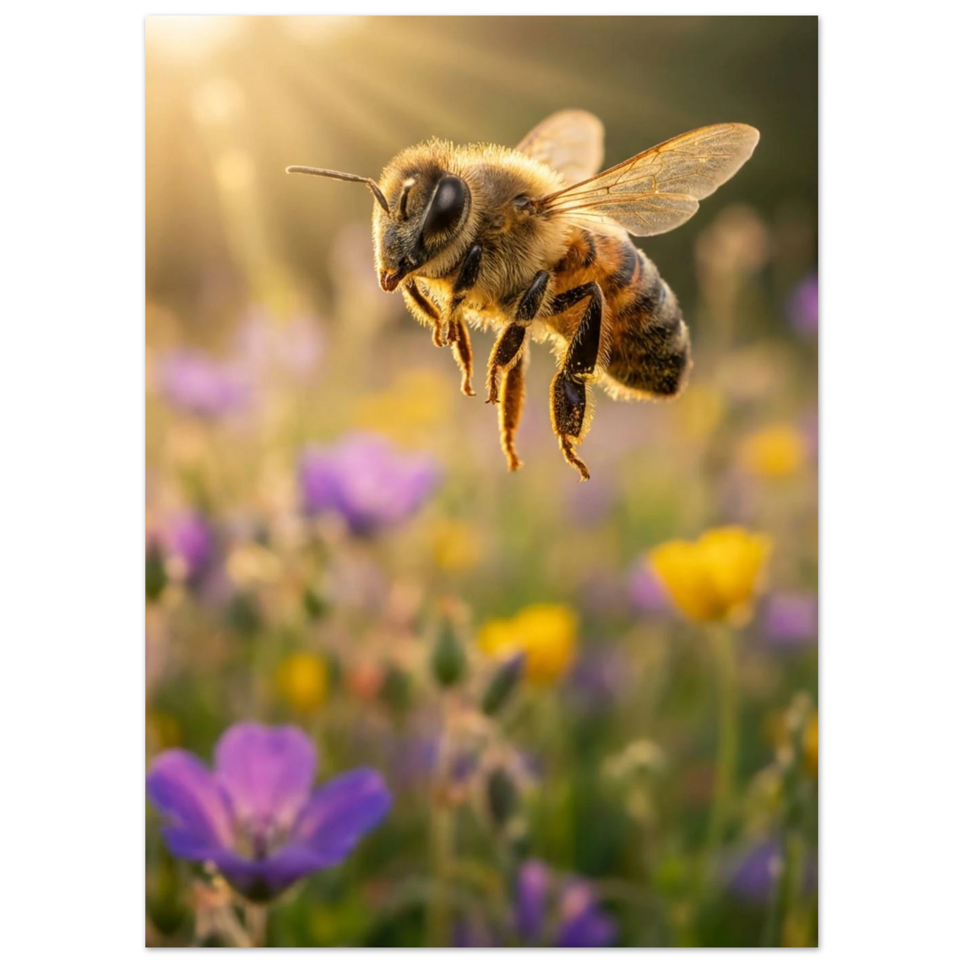 Bi svävande över lila och gula blommor, solstrålar i bakgrunden – Fotorealistisk poster