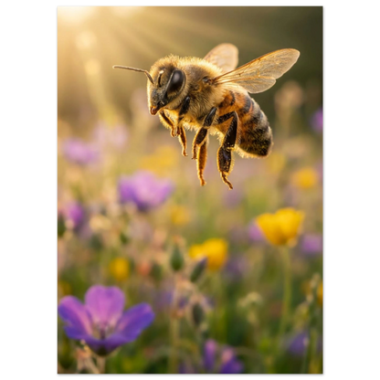 Bi svävande över lila och gula blommor, solstrålar i bakgrunden – Fotorealistisk poster