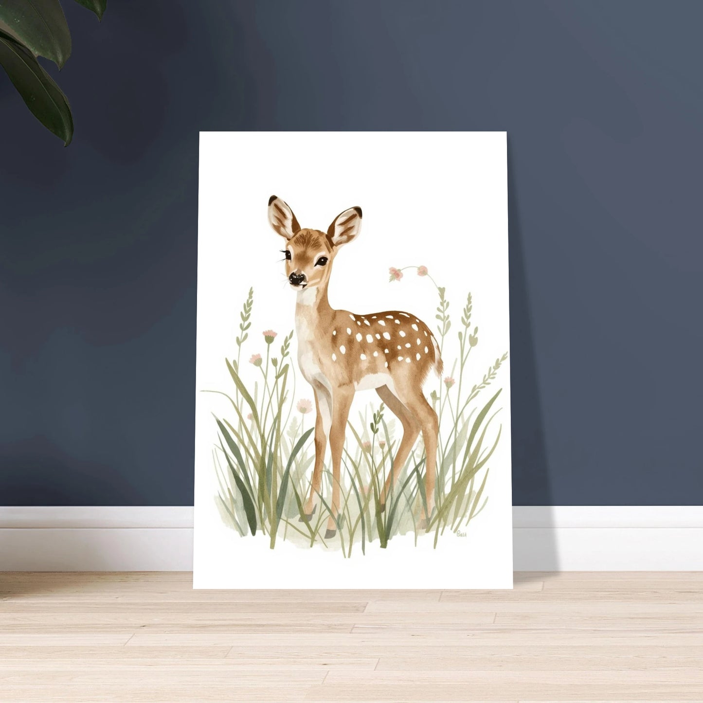 Rådjurskid i blomstrande äng, mjuk gouache-illustration, fridfull stämning.