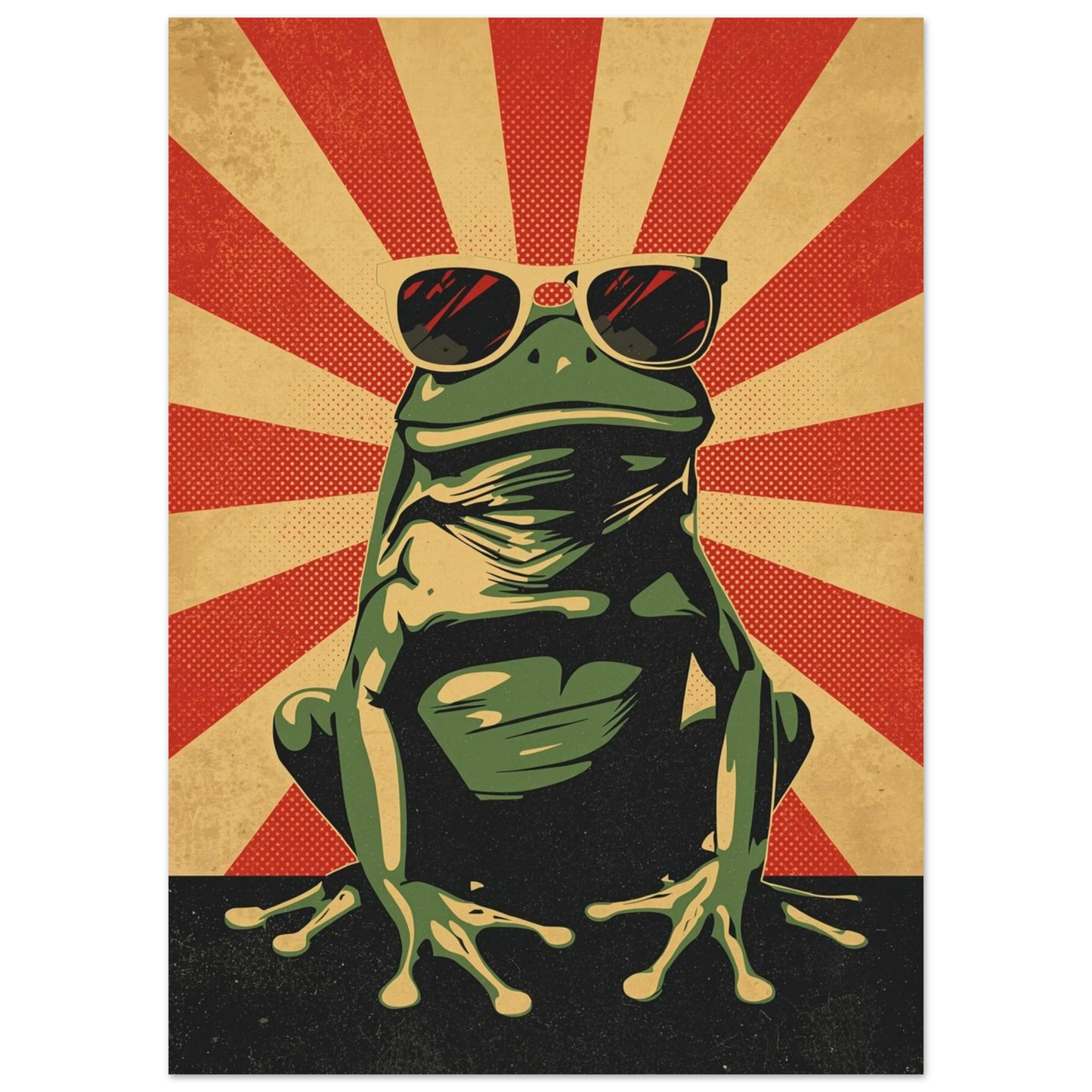 Närbild på cool groda i solglasögon, vintageinspirerad djurposter i grönt och rött