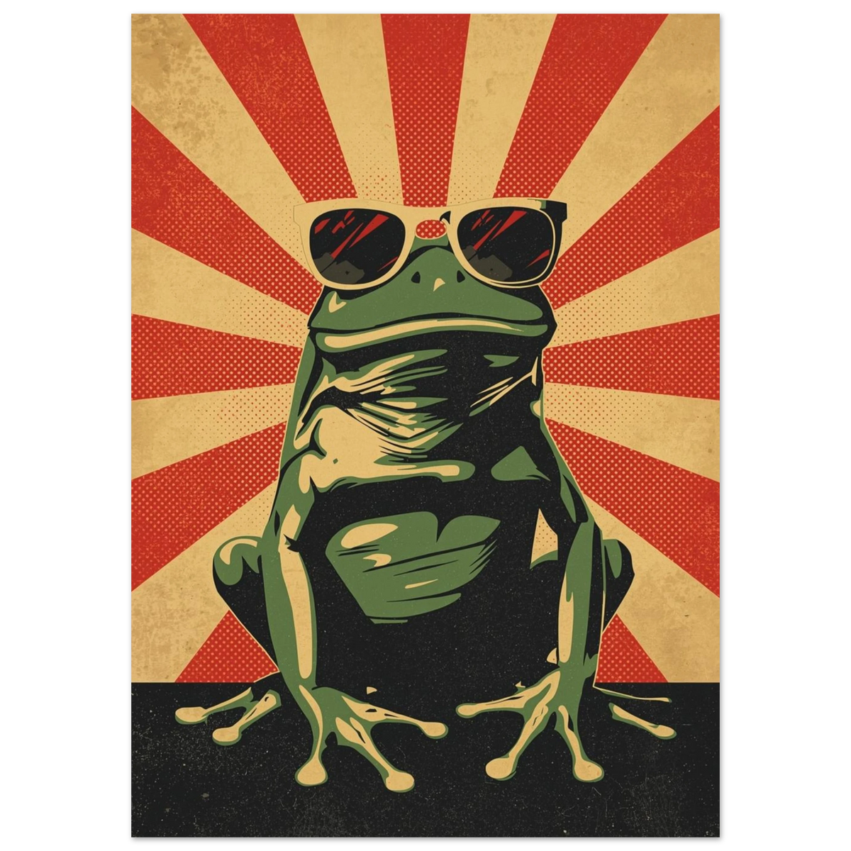 Närbild på cool groda i solglasögon, vintageinspirerad djurposter i grönt och rött