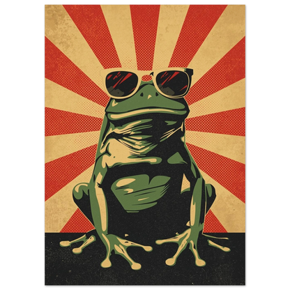 Närbild på cool groda i solglasögon, vintageinspirerad djurposter i grönt och rött