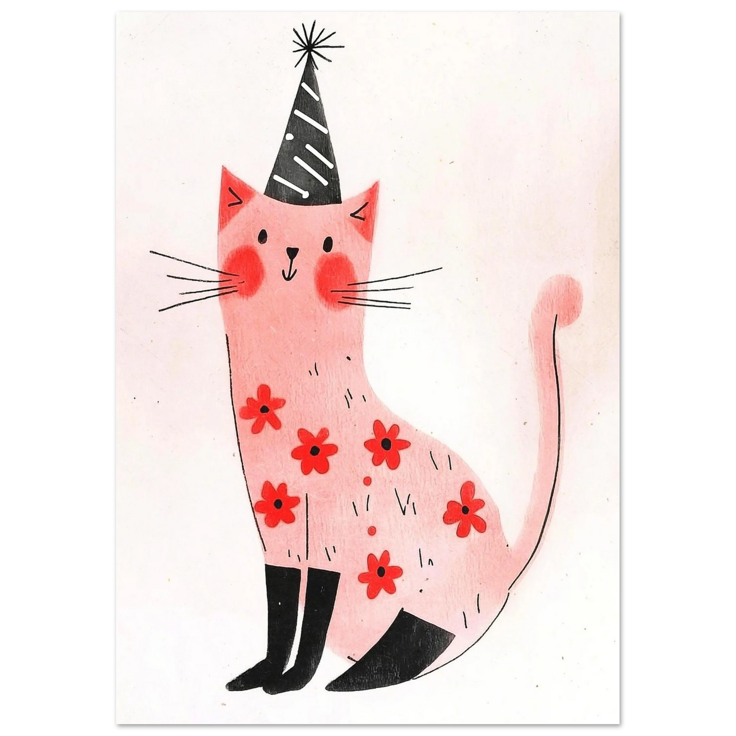 Söt rosa katt i sittande position med partyhatt, lekfull väggkonst