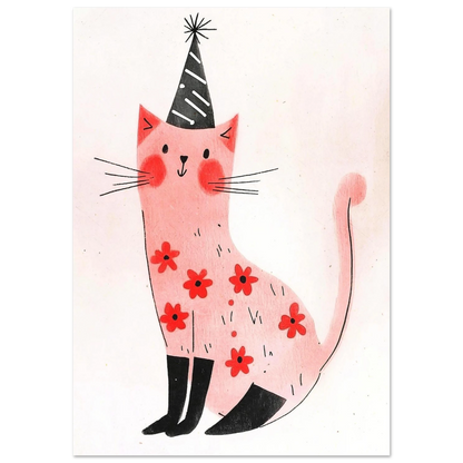 Söt rosa katt i sittande position med partyhatt, lekfull väggkonst