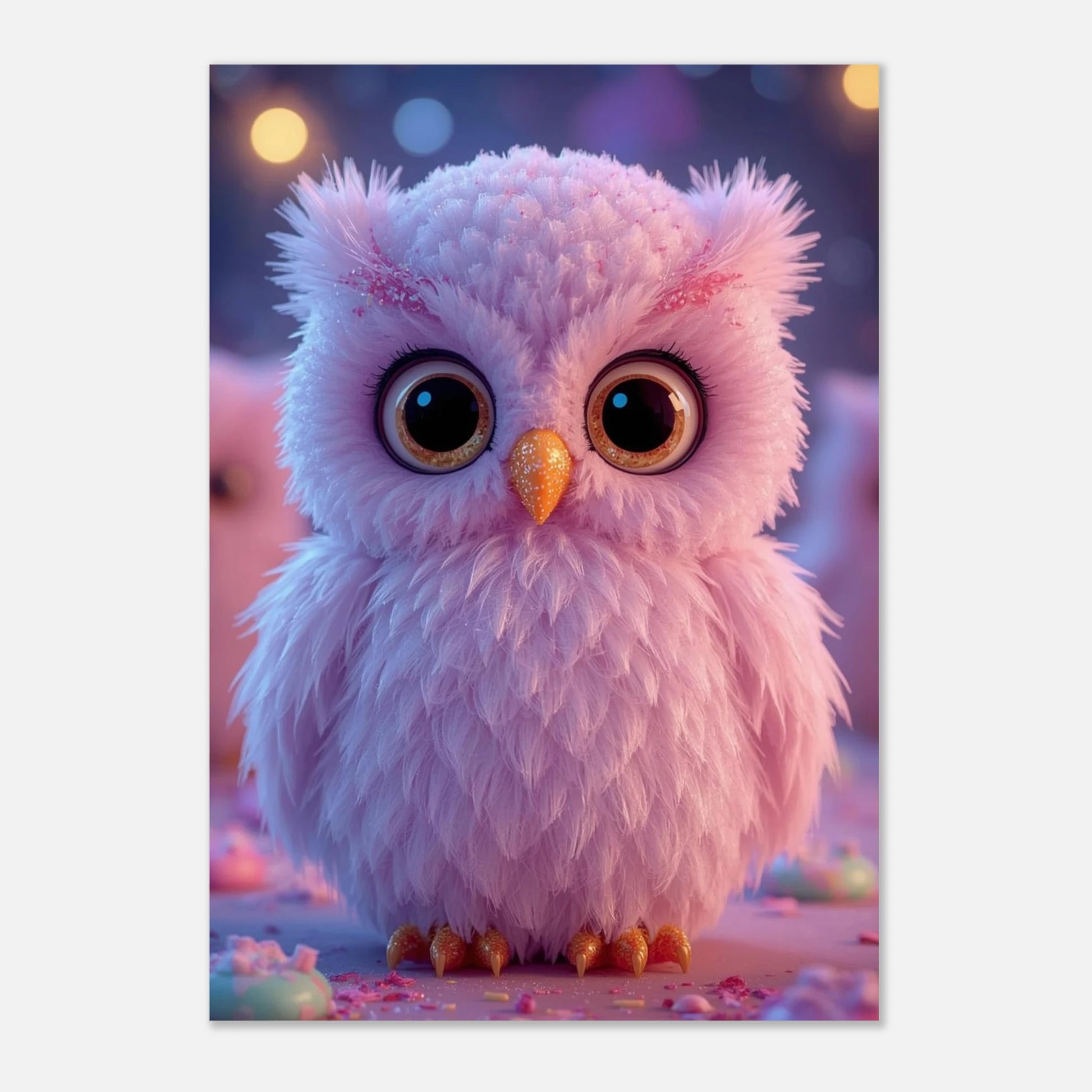 Ljusrosa uggleposter med bokeh-bakgrund och mjuka fjädrar – väggkonst