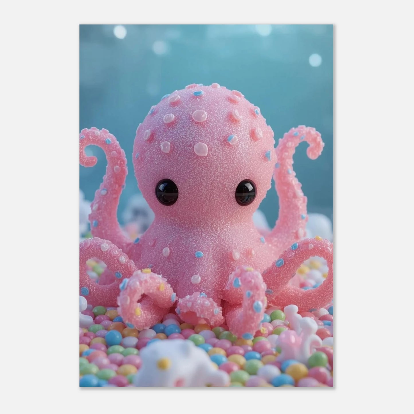 Färgglad djurposter med en rosa bläckfisk omgiven av runda små godisbitar