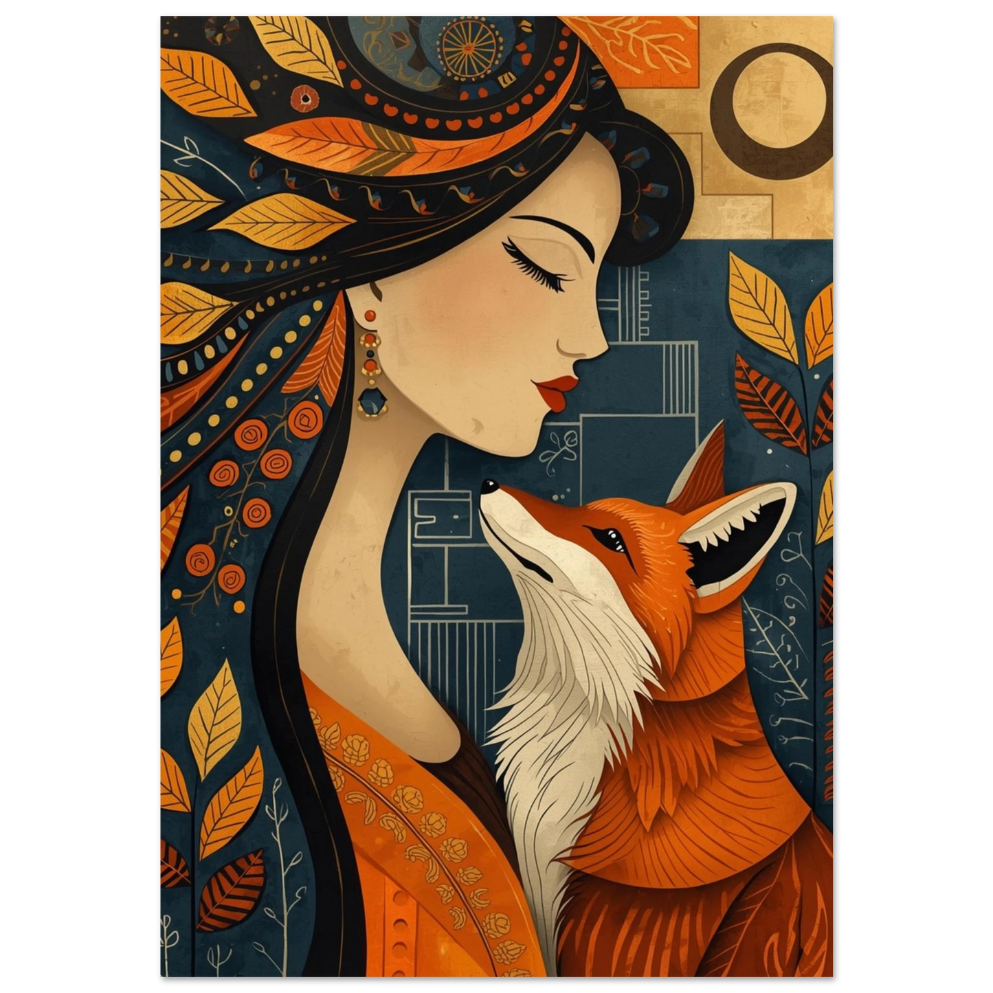 Orange räv blickar mot kvinna i mörkblå folk art-illustration