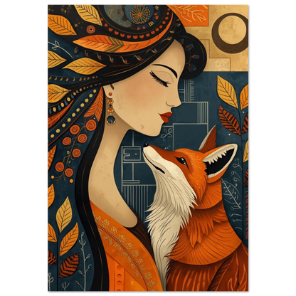Orange räv blickar mot kvinna i mörkblå folk art-illustration